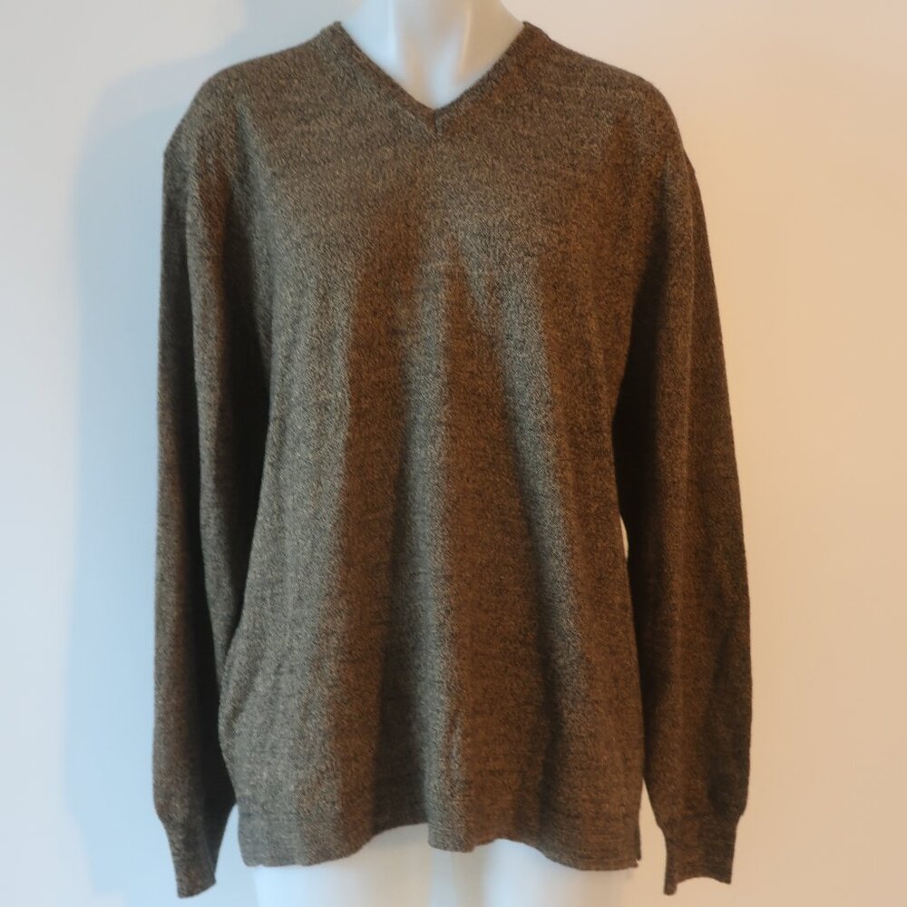 Mens Principe Taupe Black Marled V-Neck Merino Wool Sweater M *